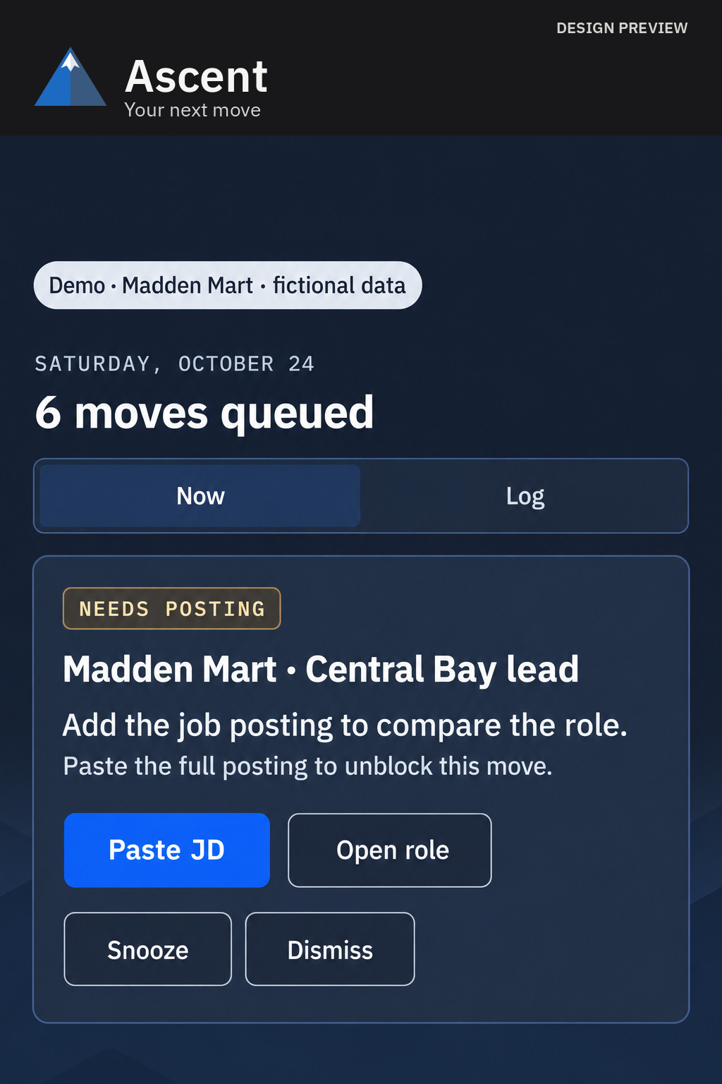 Design preview of Ascent next move with fictional Madden Mart demo data