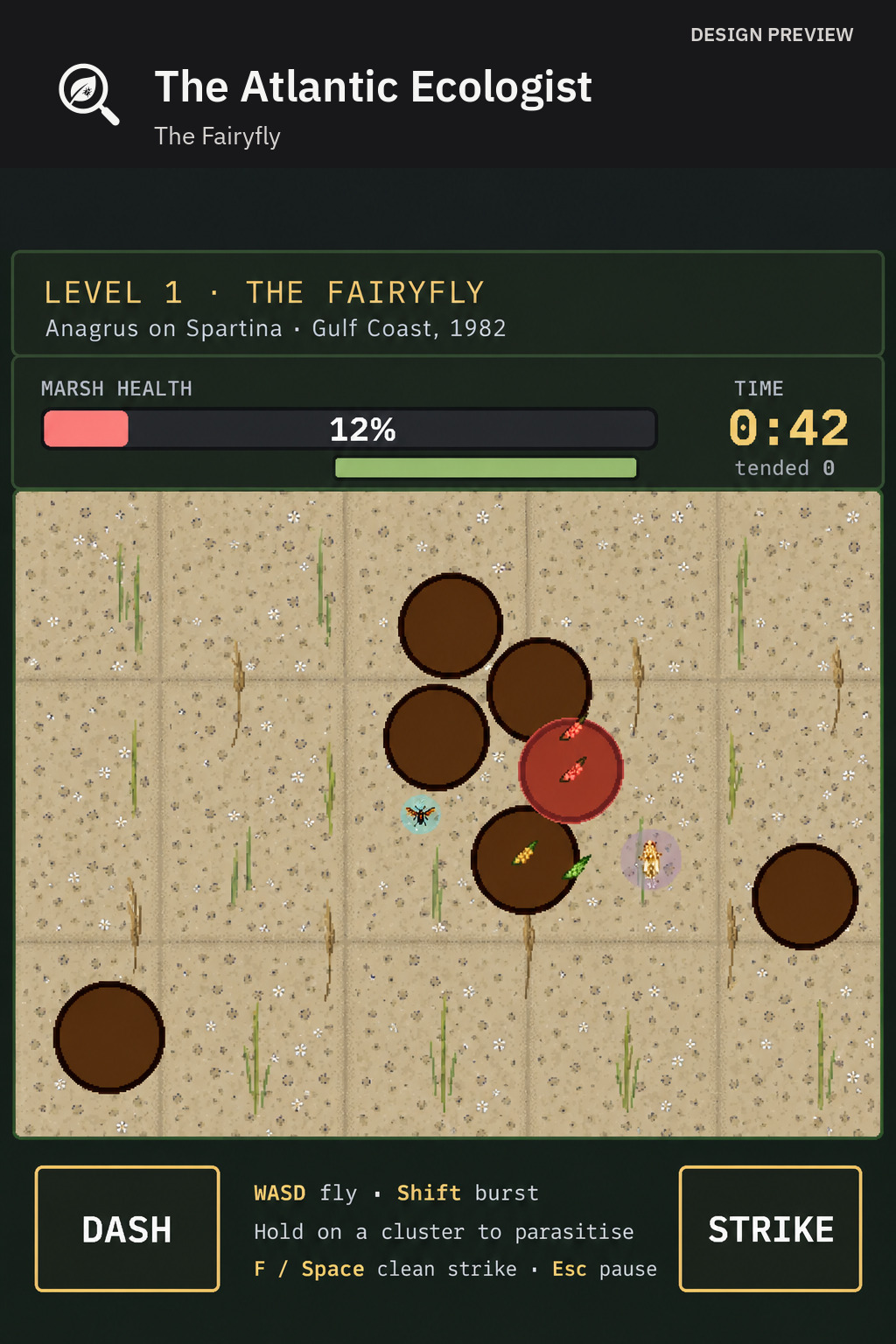 Design preview of the Fairyfly salt-marsh game with health, time and controls
