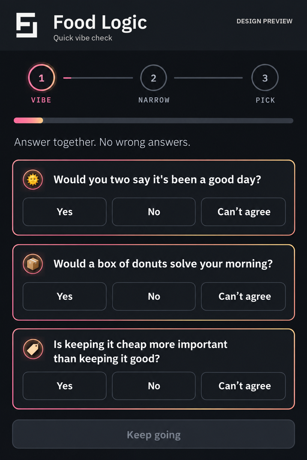Design preview of Food Logic shared vibe check with rose and gold question cards