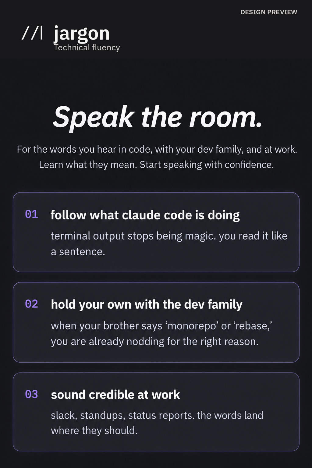 Design preview of jargon public introduction with three learning cards