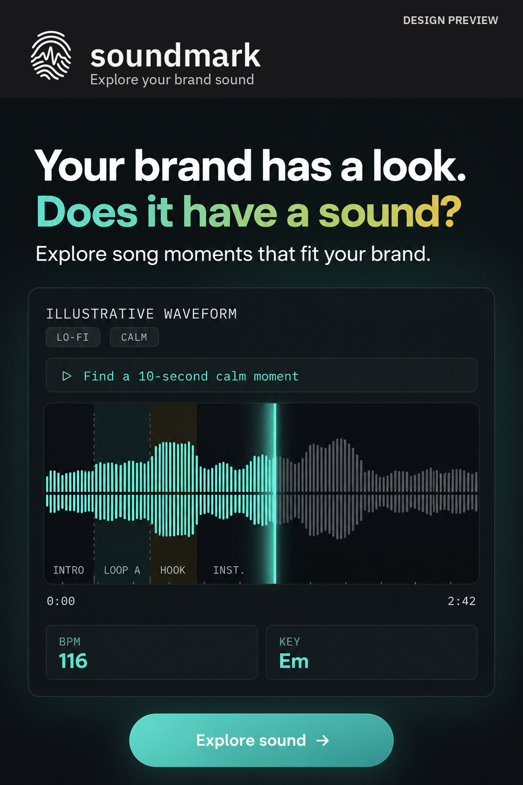 Design preview of soundmark with an illustrative teal waveform