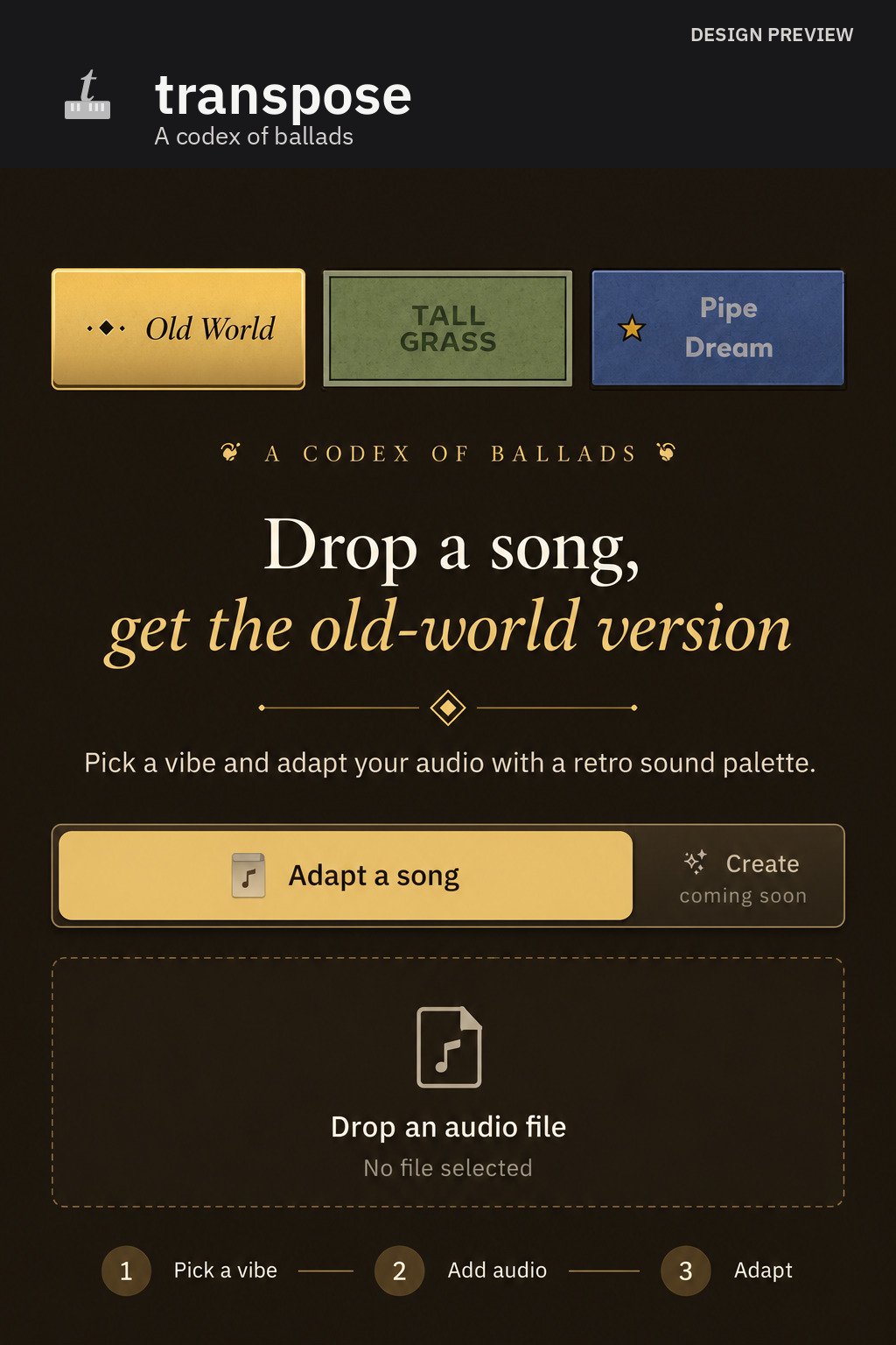 Design preview of transpose empty audio entry with three retro sound palettes